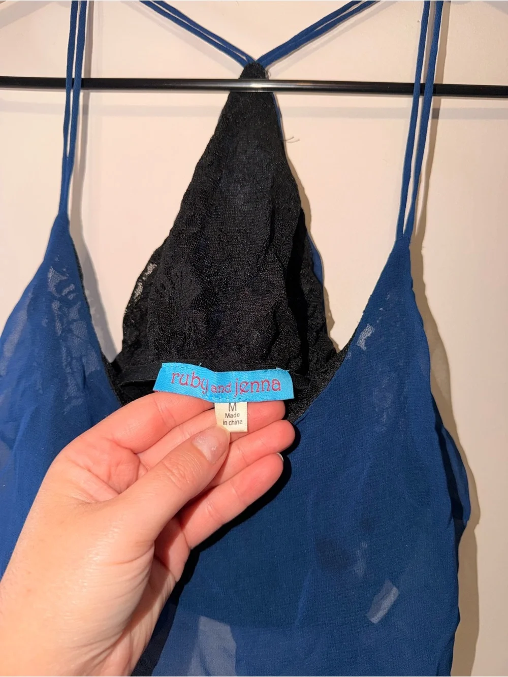 Ruby & Jenna Y2K Sheer Lace Spaghetti-Strap Camisole - Blue